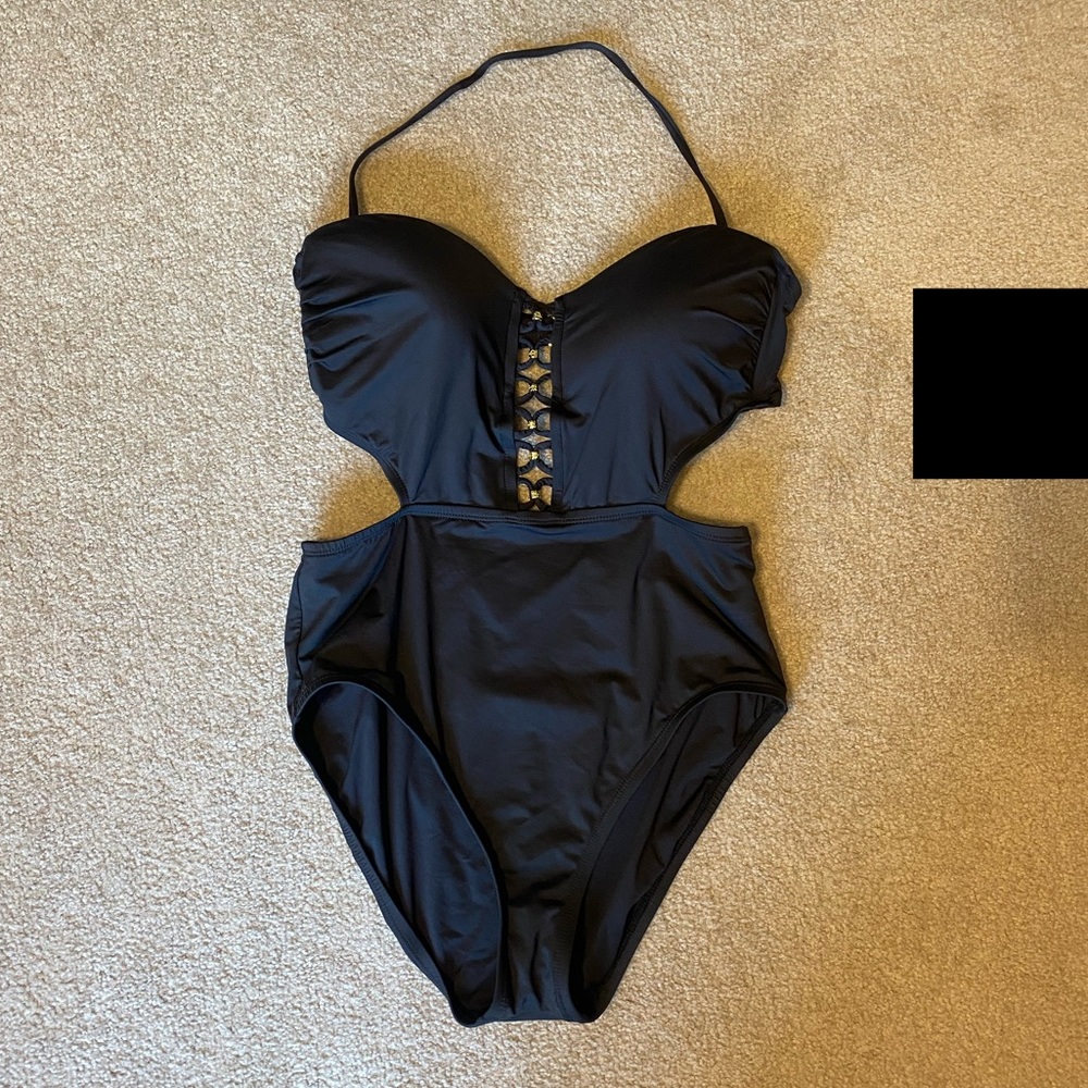 Black Bead Lace Front One Piece Swim